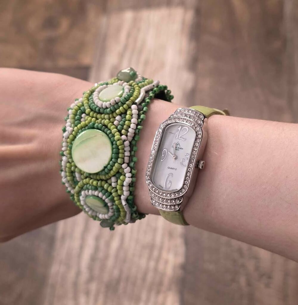 Green Beaded Bracelet Rhinestone Watch Y2K Set Fairycore Boho